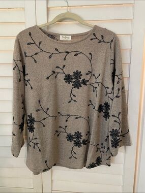 Darling Taupe Sweater with Black Floral Embroidery